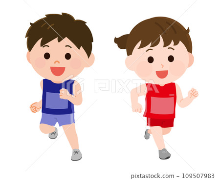Athletics illustration of boy and girl running in uniform 109507983