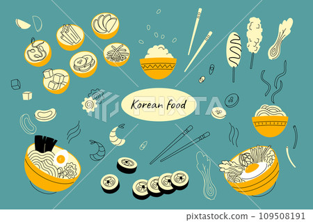 Korean food flat vector illustration set Traditional dishes ramen bibimbap kimchi pickled snack 109508191