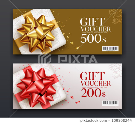 Gift vouchers white gift box, golden and red ribbon, collections concept design Gift vouchers white gift box, golden and red ribbon, collections concept design 109508244