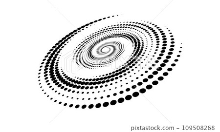Spiral dotted line element. Radial spinning halftone texture. Circle swirl dots shape in perspective. Black abstract background for poster, banner, logo, icon, collage, presentation, emblem. Vector 109508268