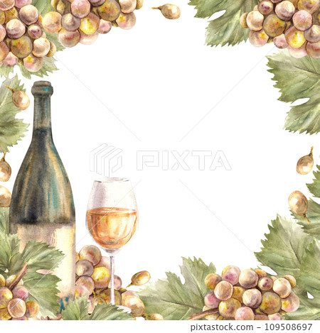 Watercolor frame bunch of green grapes, leaves and grape berry with glass and bottle of white wine Grapevine label hand painted illustration For wine list, restaurant, bar Isolated on white background 109508697