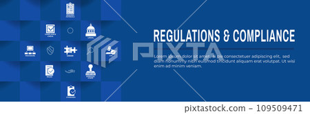 Regulations and Compliance Web Header Banner with Icon Set  - Governmental and Approval Stamp 109509471