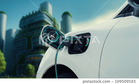 Electric car plugged in with charging station to recharge battery. Peruse Electric car plugged in with charging station to recharge battery. Peruse 109509583