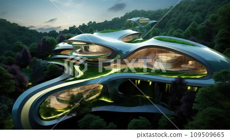 AI-generated content. Futuristic sustainable complex office building for green economy comeliness 109509665