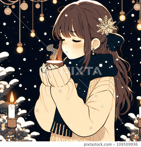 Illustration of a girl drinking hot milk at Christmas Illustration of a girl drinking hot milk at Christmas 109509936