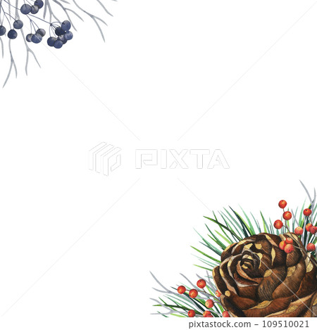 Winter watercolour frame with pine cone, fir branch, red berry, blue berries, abstract branches. Winter holiday botanical new year illustration. Painting for banner, card and print design. Hand drawn Winter watercolour frame with pine cone, fir branch, red berry, blue berries, abstract branches. Winter holiday botanical new year illustration. Painting for banner, card and print design. Hand drawn 109510021