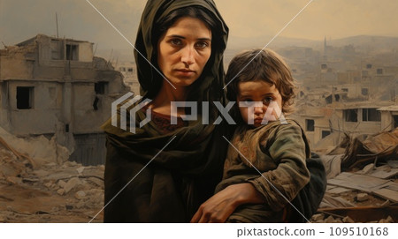 AI-generated content. Civilian refugee affected from war and battle has no comeliness 109510168