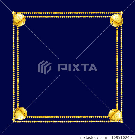 watercolor square frame with Christmas tree toys with shiny golden bells, garlands of gold glitter beads, golden vintage bells, illustration with Christmas decoration on blue background watercolor square frame with Christmas tree toys with shiny golden bells, garlands of gold glitter beads, golden vintage bells, illustration with Christmas decoration on blue background 109510249