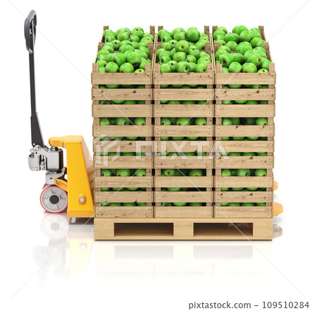 Green apples in wooden crates and pallet jack on white background - 3D illustration Green apples in wooden crates and pallet jack on white background - 3D illustration 109510284