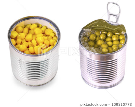 Set of Canned corn and green peas in an opened tin can isolated over the white background 109510778