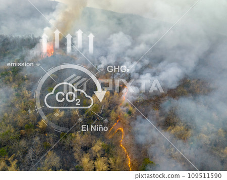 Climate change, Wildfires release carbon dioxide (CO2) emissions and other greenhouse gases (GHG) that contribute to climate change and global warming. 109511590