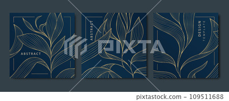 Vector set of art deco abstract luxury golden square cards, post templates for social net, leaves botanical modern, art deco wallpaper backgrounds. Floral line patterns 109511688