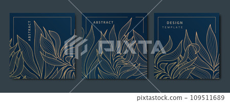 Vector set of art deco abstract luxury golden square cards, post templates for social net, leaves botanical modern, art deco wallpaper backgrounds. Floral line patterns. Vector set of art deco abstract luxury golden square cards, post templates for social net, leaves botanical modern, art deco wallpaper backgrounds. Floral line patterns. 109511689