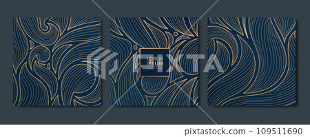 Vector set of art deco abstract luxury golden square cards, post templates for social net, leaves botanical modern, art deco wallpaper backgrounds. Floral line patterns. Vector set of art deco abstract luxury golden square cards, post templates for social net, leaves botanical modern, art deco wallpaper backgrounds. Floral line patterns. 109511690