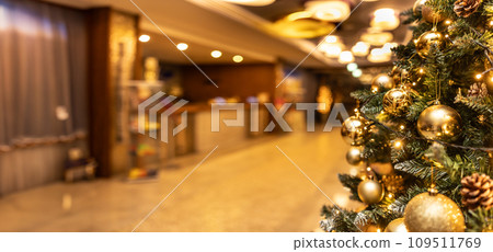 Christmas and new year decorations in hotel resort reception area, beautiful interior in waiting area 109511769