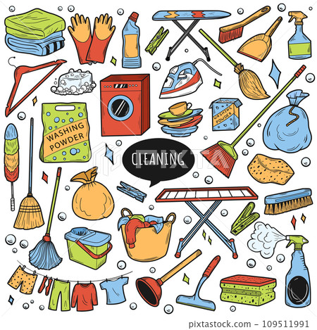 Hand drawn color set of cleaning equipments, sponge, spray, broom, bucket. Doodle sketch style. Clean Tools Banner Hand drawn Line art style. 109511991