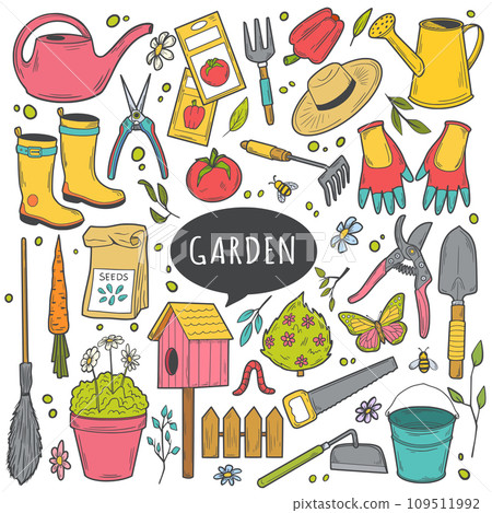 Garden tools doodle color set. Outline vector Illustration, gardening and horticulture. Home Agriculture equipment. 109511992