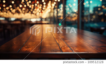Wooden Table with Background Lights. Generative AI. Wooden Table with Background Lights. Generative AI. 109512128