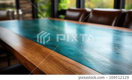 Wooden Table with Blue Glass Top. Generative AI. Wooden Table with Blue Glass Top. Generative AI. 109512129