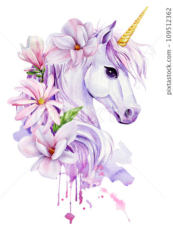 Cute unicorn with magnolia flowers isolated on white background, magical illustration with unicorn in watercolor Cute unicorn with magnolia flowers isolated on white background, magical illustration with unicorn in watercolor 109512362
