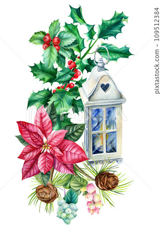 Flashlight and green leaves, holly branches, pine cone and star flower. Drawn in watercolor postcard, poster 109512384