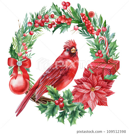 Holiday wreath with Red cardinal bird and natural elements, leaves, holly branche, pine and berries. drawn in watercolor 109512398