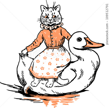 Illustration of a cat riding a duck Illustration of a cat riding a duck 109512791