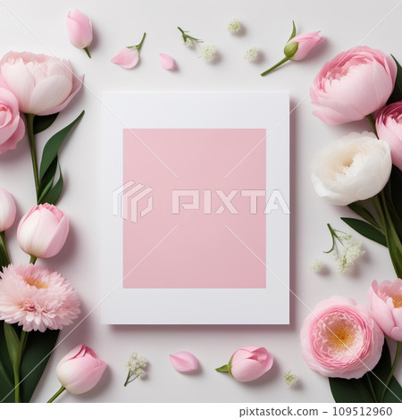 Blank card for text with pink roses around on a white table, mockup Blank card for text with pink roses around on a white table, mockup 109512960