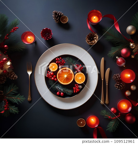 Christmas or New Year flat lay on a black background, table setting with decoration Christmas or New Year flat lay on a black background, table setting with decoration 109512961