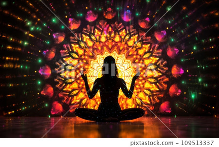 woman silhouette of a yoga pose with a background of psychedelic, neon light patterns. 109513337