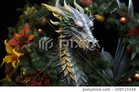 Dragon head in a christmas wreath, closeup of photo Dragon head in a christmas wreath, closeup of photo 109513348