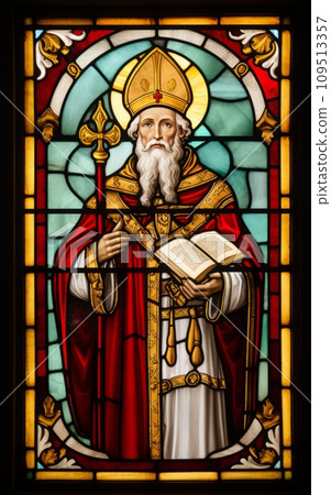 Saint Nicholas: Stained glass decorations featuring Saint Nicholas, creating a festive mood. 109513357