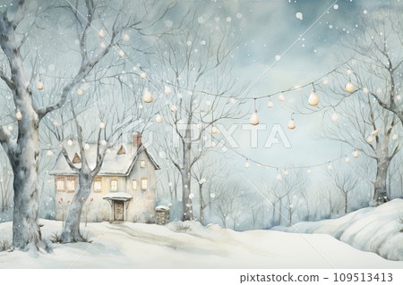 Digital paintings winter landscape, house in the forest. Artwork, fine art. 109513413