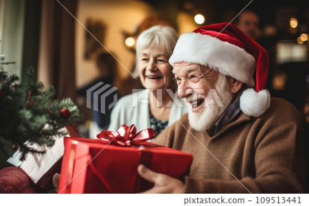 Happy smiling senior couple celebrating Christmas together while showing their present in happiness and excitement at home wearing Santa hat 109513441