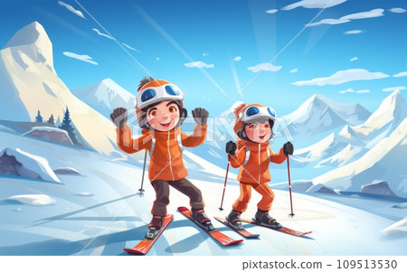 Two children skiing in the mountains. Winter sport 109513530
