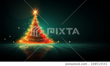 christmas tree with lights and rays on dark background, illustration 109513531