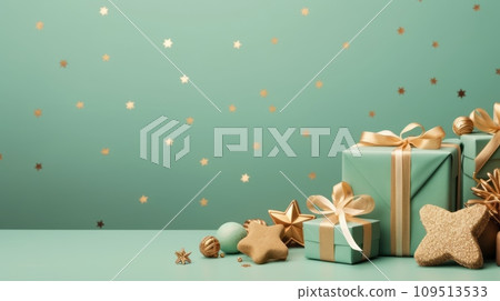 Christmas and New Year pastel green background with gift boxes and stars. 109513533