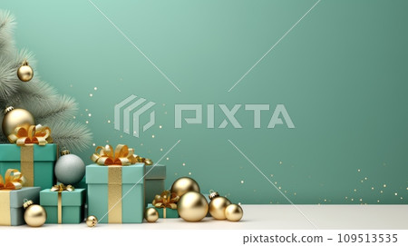 New Year banner with Christmas gift boxes and golden decorations on pastel green background. New Year banner with Christmas gift boxes and golden decorations on pastel green background. 109513535