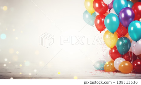 Colorful balloons on white wooden background with copy space for your text Colorful balloons on white wooden background with copy space for your text 109513536