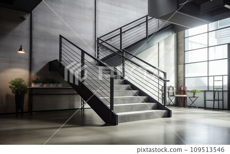 A modern stairwell in an industrial setting with metal railings and concrete steps. 109513546