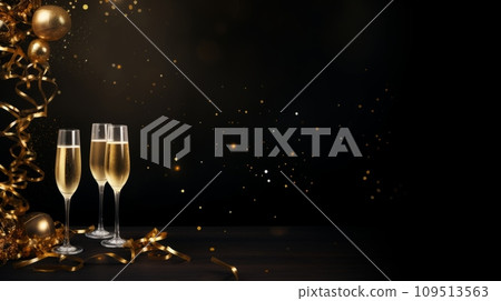 Banner with two glasses of champagne on a dark background with serpentine Banner with two glasses of champagne on a dark background with serpentine 109513563