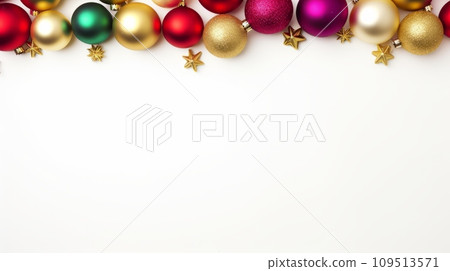 Christmas background with colorful baubles and stars on a white background 109513571