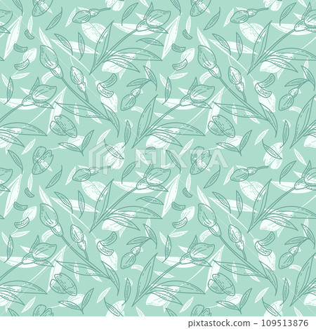Graphic seamless pattern with hand drawn spring flowers, leaves and petals in sketch style Graphic seamless pattern with hand drawn spring flowers, leaves and petals in sketch style 109513876