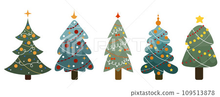 Collection of Christmas trees. New Years and xmas traditional symbol tree with garlands, light bulb, star. 109513878