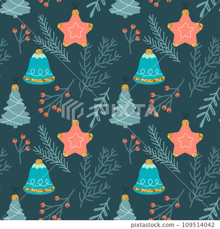 Christmas seamless pattern with Christmas tree decorations and twigs. New Year's design. Background, print, vector Christmas seamless pattern with Christmas tree decorations and twigs. New Year's design. Background, print, vector 109514042