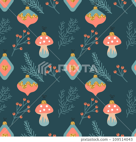 Christmas seamless pattern with Christmas tree decorations and twigs. New Year's design. Background, print, vector 109514043