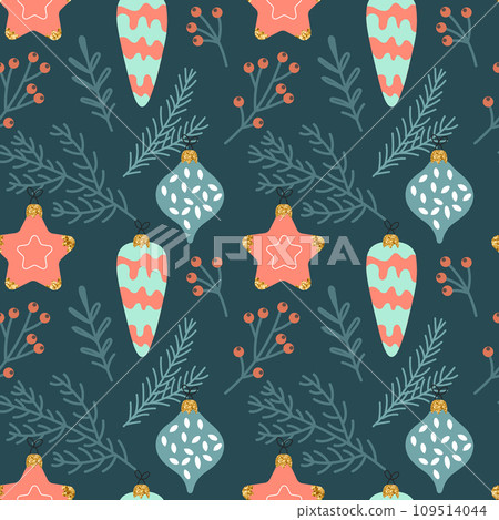 Christmas seamless pattern with Christmas tree decorations and twigs. New Year's design. Background, print, vector 109514044