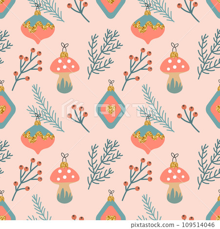 Christmas seamless pattern with Christmas tree decorations and twigs. New Year's design. Background, print, vector 109514046