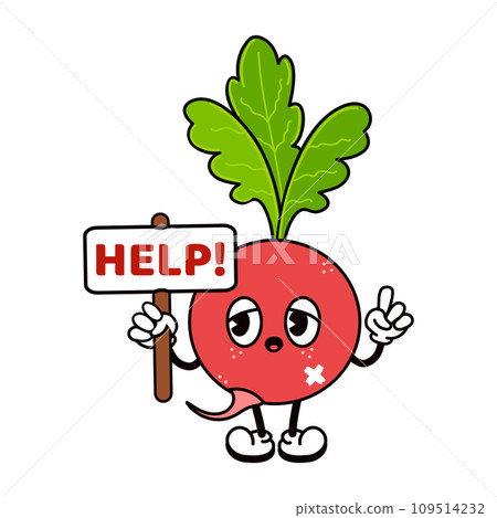 Cute funny Radish with an inscription help character. Vector hand drawn traditional cartoon vintage, retro, kawaii character illustration icon. Isolated white background. Radish character 109514232