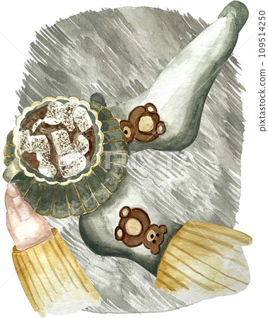 Cozy season. Top view watercolor illustration with copy space. Female hands in warm cosy sweater are holding hot creamy drink. Cozy season. Top view watercolor illustration with copy space. Female hands in warm cosy sweater are holding hot creamy drink. 109514250